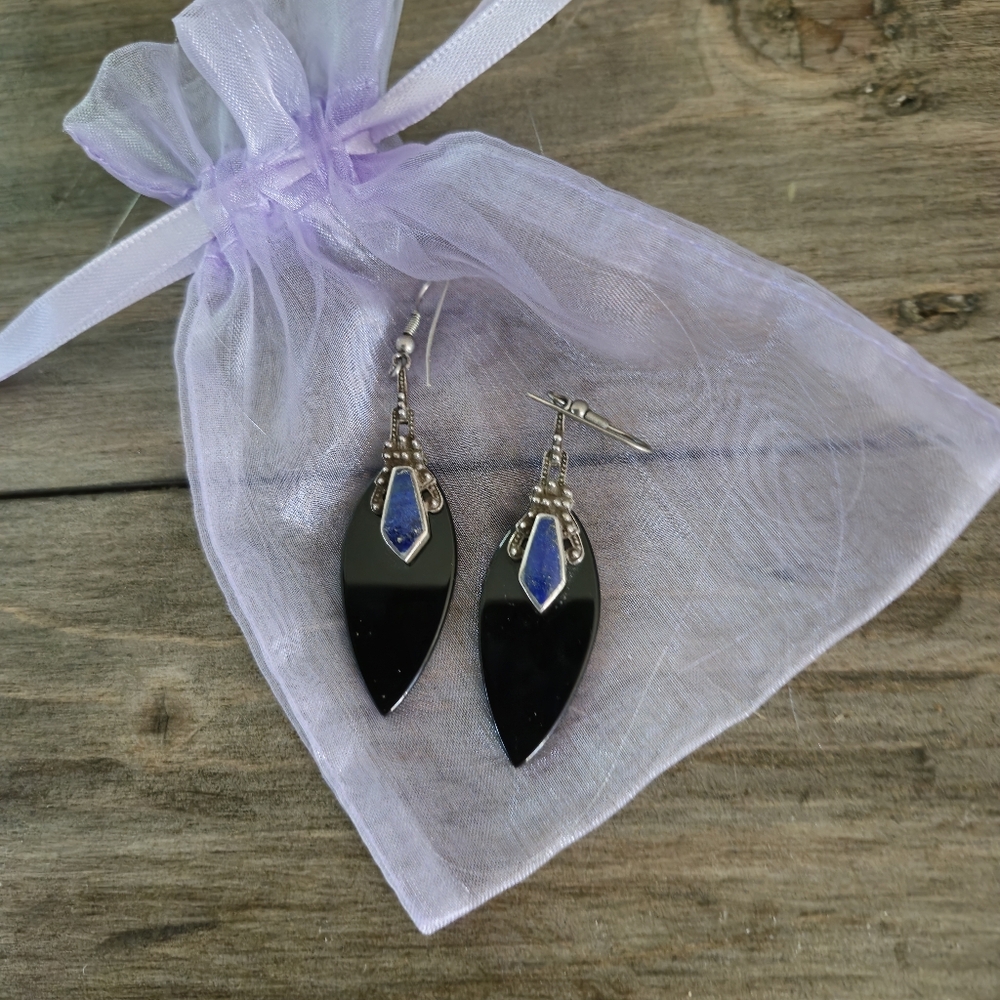 Silver, Onyx and Lapis Lazuli Drop Earrings